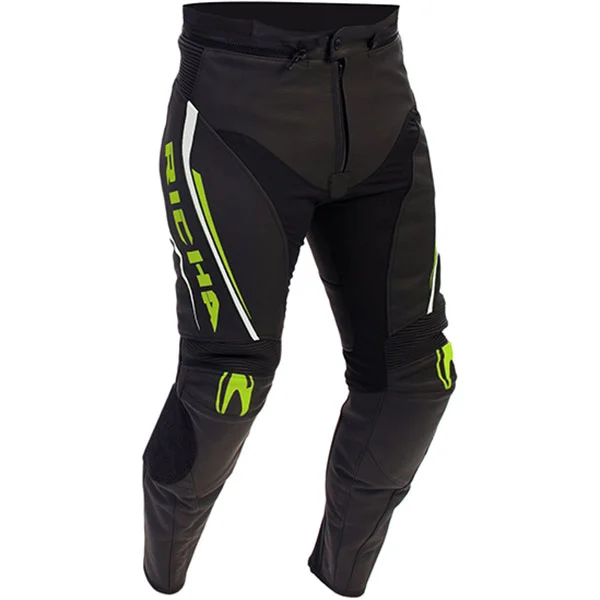 Richa Monza Mens Leather Pants - Regular Length - Black / Fluo